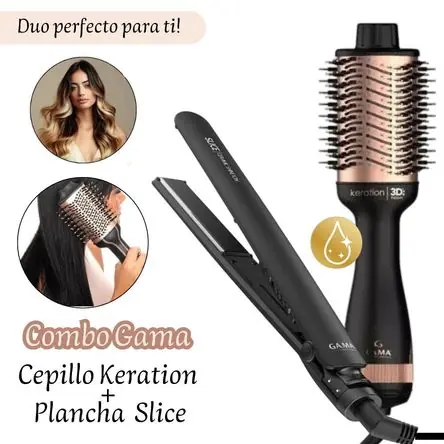 Ultime Pezzi COMBO PLANCHA ALISADORA DE CABELLO GAMA SLICE + CEPILLO SECADOR GAMA KERATION 3D THERAPY