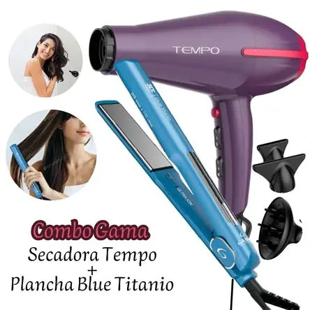 Di Marca COMBO DE SECADORA GAMA PROFESIONAL TEMPO MORADA 3D MÁS PLANCHA ALISADORA GAMA BLUE TITANIO 3D