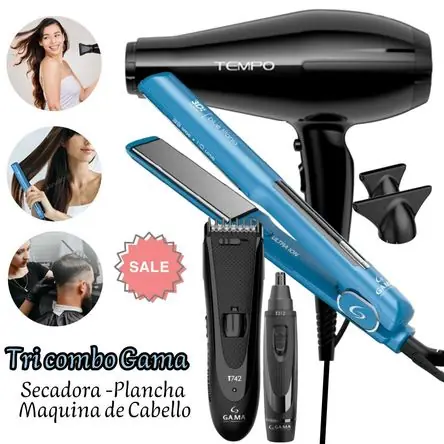 TRIO GAMA SECADORA PROFESIONAL TEMPO NEGRO- PLANCHA ALISADORA BLUE TITANIO 3D-MAQUINA BLACK Occasione Imperdibile
