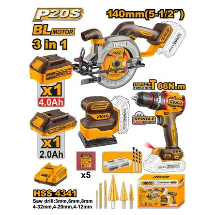 Ultima Occasione Kit 3 Herramientas Ingco Percutor 20V 66NM + Sierra Circular 20V 5 1/2'' + Lijadora 20V COSLI241193