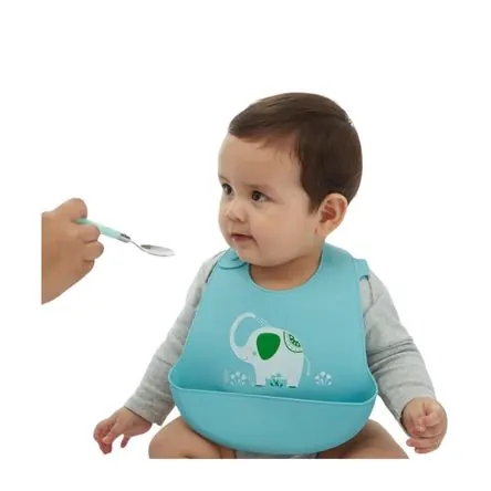 Economico Babero Maternelle con Bolsillo de Silicona Elefantitos para Bebés y Niños Celeste