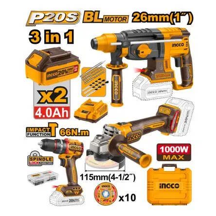 Fatto A Mano Kit Brushless Ingco Percutor 20V 66NM + Amoladora 20V 1000W + Rotomartillo 2.5J SDS PLUS COSLI241198