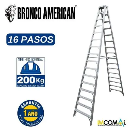Escalera Aluminio Tijera Doble Ascenso de 16 Pasos Cap. Carga Max: 200 Kg Bronco American Saldi