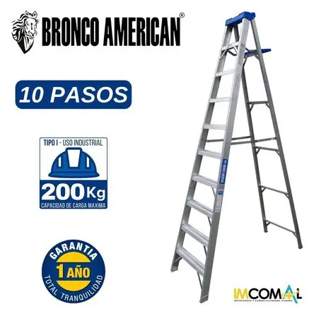 Autentico Escalera Aluminio Tijera Simple Ascenso de 10 Pasos Cap. Carga Max: 200 Kg Bronco American