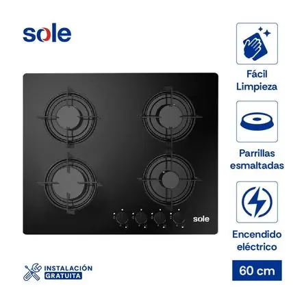 Popolare Cocina Encimera Sole SOLCO049 Vidrio Templado 60cm 4 hornillas
