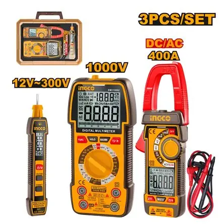 KIT 3 HERRAMIENTAS PRUEBA ELÉCTRICA INGCO AMPERÍMETRO + MULTIMETRO + DETECTOR DE VOLTAJE COS24067 Affare
