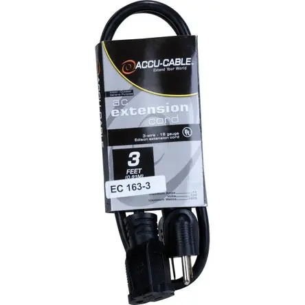 Offerta Limitata American DJ Accu-Cable 3-Wire Edison AC Extension Cord (16 AWG, Negro, 3') - Máximo 13 Amperios, 125