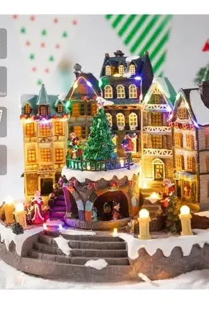 Villa Pueblo Navideño Árbol y Patinadores Giratorios Musical Luz Led Di Tendenza