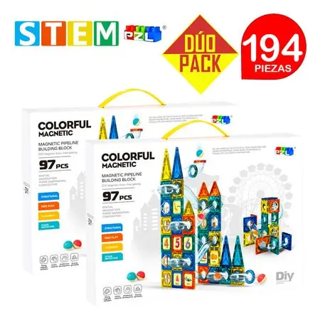 Bloques Magnéticos Didácticos STEM PZL COLORFUL Caja 97 Piezas Dúo Pack 194 Piezas Economico