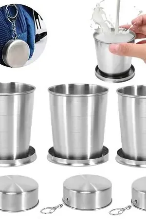 3 Vaso Plegable de Acero Inoxidable 8cm con Llavero Reutilizable 140ml Bestseller
