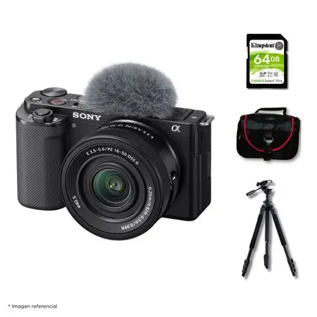 Cámara Sony ZV-E10 Mirrorless + Lente 16-50mm f35-56 II + Kit Deluxe de Accesorios Bestseller