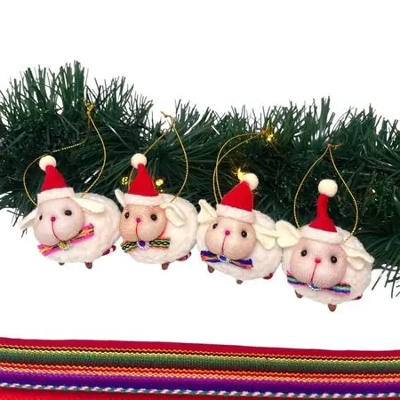 Lusso Adorno OVEJA Blanca con Gorro de Navidad Set 4 unidades NAVIDAD PERUANA