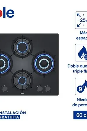 Encimera Rubí Pro Sole Vidrio Templado A Gas 60 Cm 4 Hornillas Top Qualità