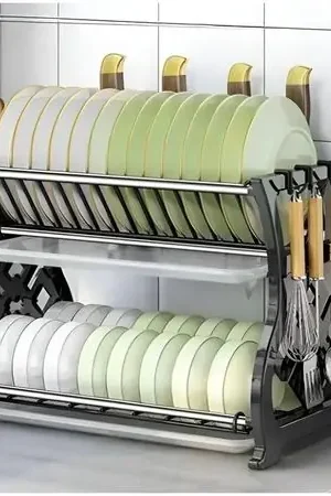 Pagamento Sicuro Escurridor de Platos de 2 Niveles con Porta Cubiertos y Ganchos Laterales